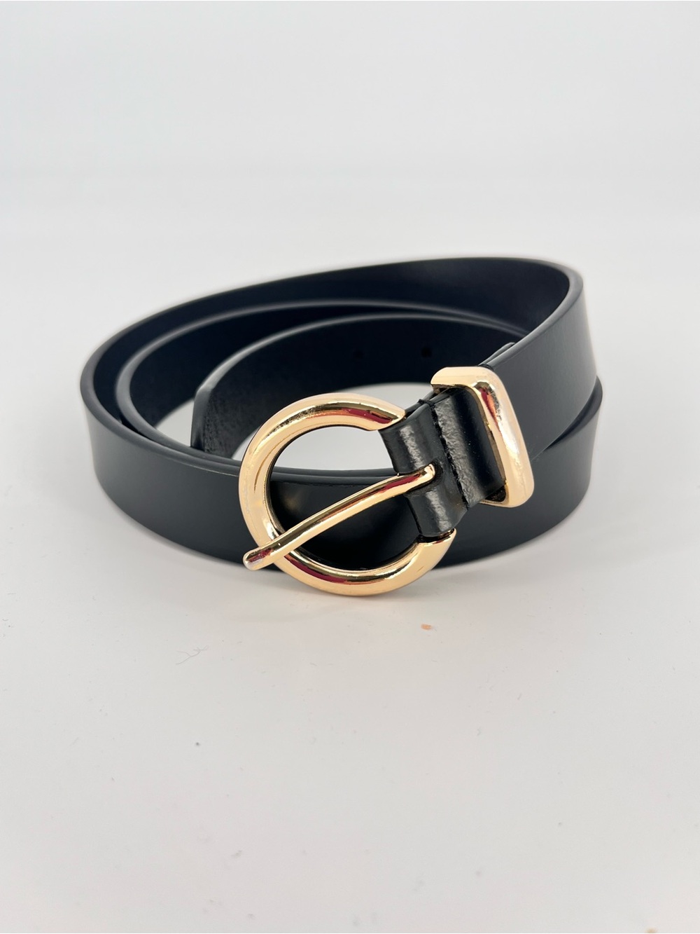 J.Crew Black Leather Belt L/XL Gold Round Buckle Classic Preppy Waist Belt